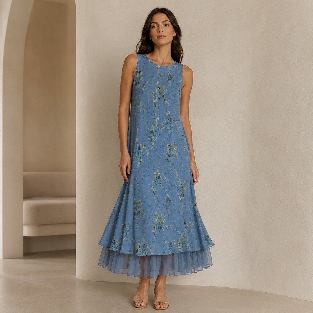 April Cornell Floral Midi Dress Womens OS Blue Rayon Tulle Ruffle Hem Sleeveless